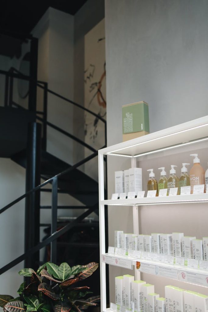 pexels-photo-3736519 A stylish indoor display of various skincare products at a beauty salon.